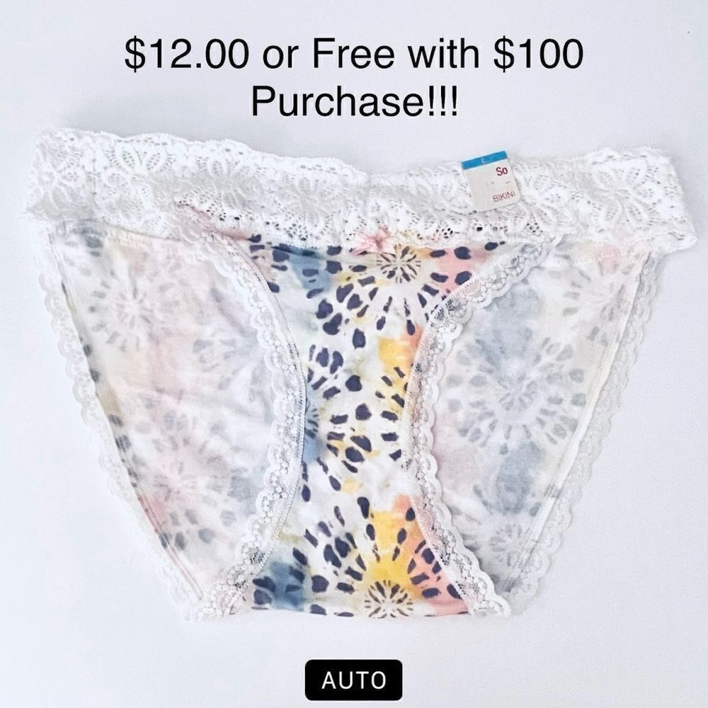 NWT SO M 98% Cotton White Purple Boho tie Dye Print Daisy Lace Boybrief Panty